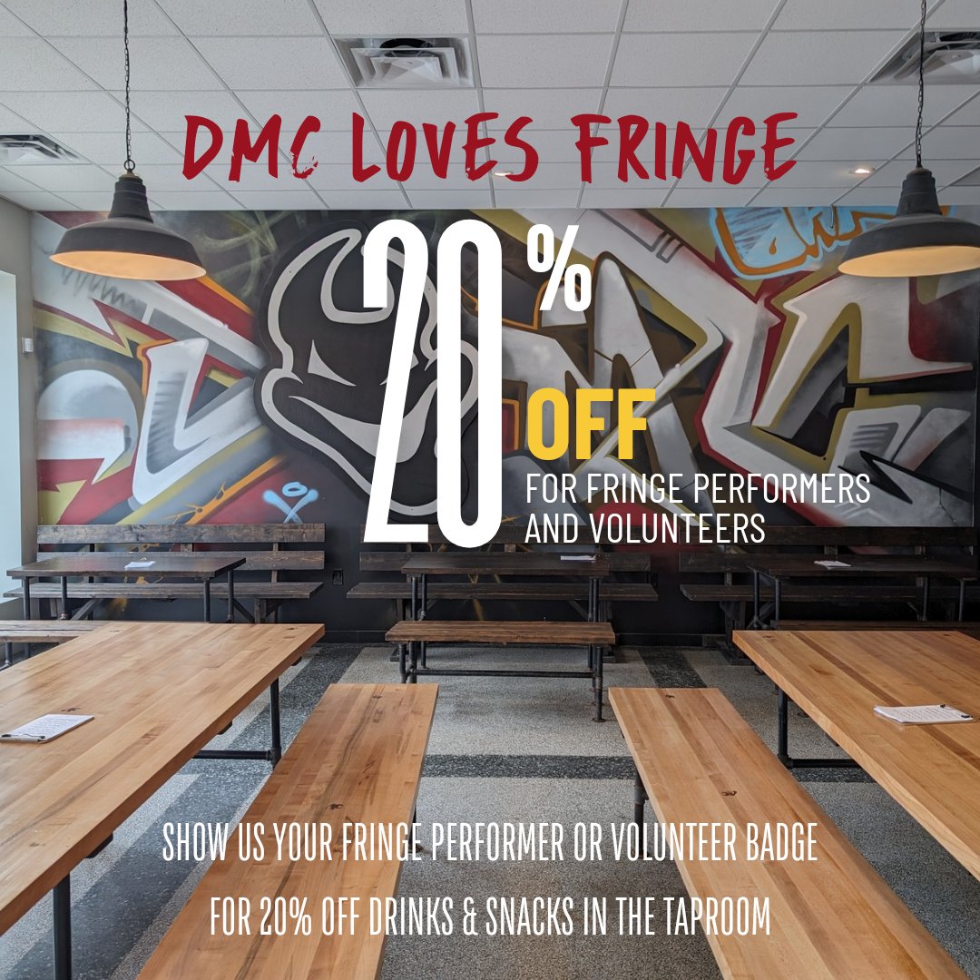 devilmaybeer's tweet image. DMC LOVES FRINGE

We love being downtown during #WpgFringe, and wanted to treat all of you performers &amp;amp; volunteers - so we're giving you 20% off beverages &amp;amp; snacks in the taproom for the duration of the festival!

Just show us your credentials and we'll treat you to a discount.