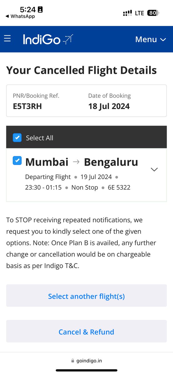 imAJ1004's tweet photo. @IndiGo6E U have cancelled 6E 5322 flight from Mumbai to Bangalore on 19th July and made me struggle to get the refund or choose an alternate flight..and continuously I got the error on the link u have provided. Pls refund my amount immediate @mohol_murlidhar need ur help pls. https://t.co/z1vMgU0LmL