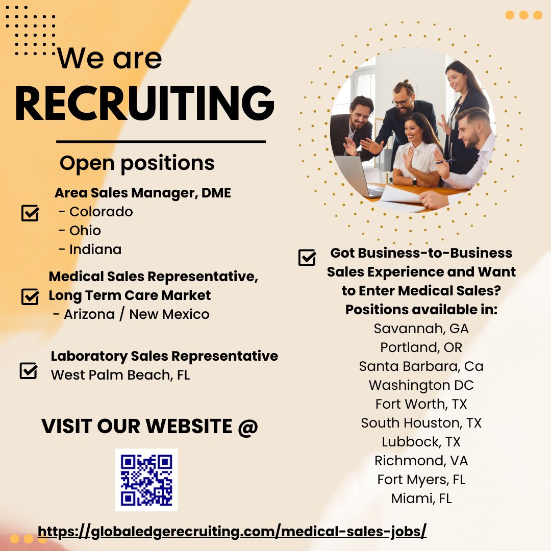 RecruitMedSales's tweet photo. We are recruiting!  Scan the QR code to go to our website and search jobs in medical sales.  #medicalsalesjobs  #medicalsales https://t.co/glbU9ltcKn