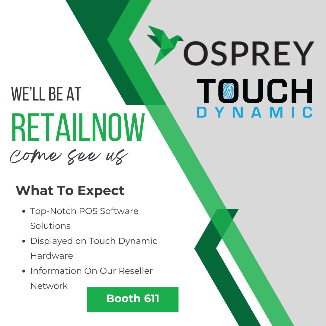 OspreyRetail's tweet photo. We can't wait to see you at this year's RSPA #RetailNOW! We will be located in the @TouchDynamic booth #611, showcasing our POS software on their state-of-the-art technology. Come visit or contact us before the show to schedule an appointment: https://t.co/6MLYHUZPS4 https://t.co/bXjfzH7oVz