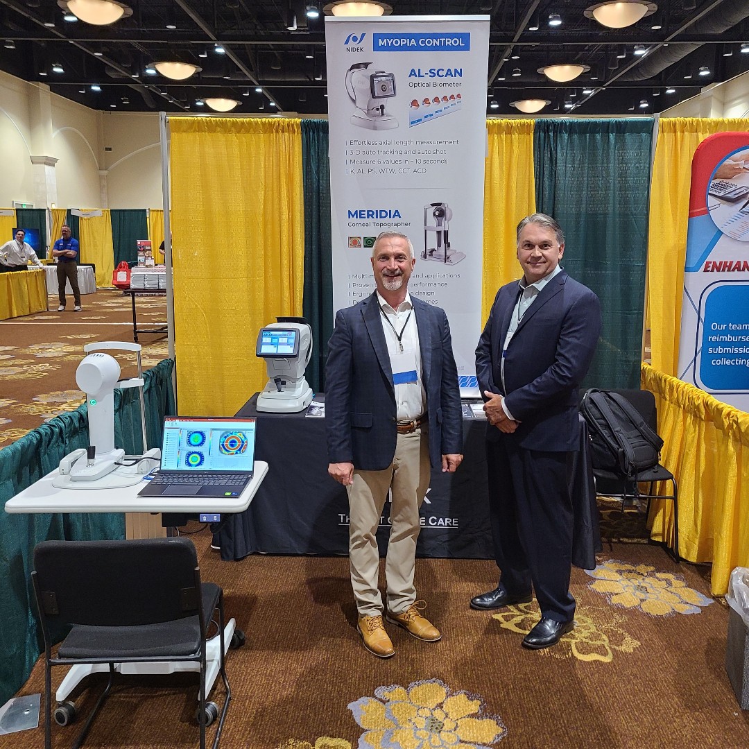 NIDEKincUSA's tweet photo. If you're attending the 2024 FOA convention, please remember to visit Keith and Scott at NIDEK booth 309 for a product demo of our solutions for myopia control. #optometry #optometrist #paraoptometric #diagnostic #eyecare #vision #myopia #anterior #florida #sunshinestate #orlando https://t.co/WOl31118gP