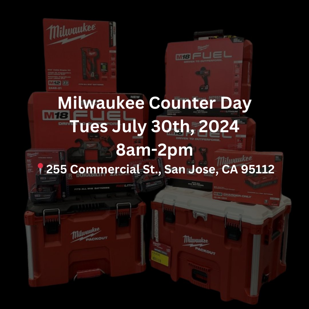 CEDBayArea's tweet photo. Join us at our San Jose location on July 30th for Milwaukee Counter Day! Enjoy special deals on Milwaukee products and delicious food from a food truck.
🔗 flyer here: https://t.co/mqqwe4FuFA

#cedbayarea #sanjose #milwaukeetool https://t.co/5sCERqhdCu