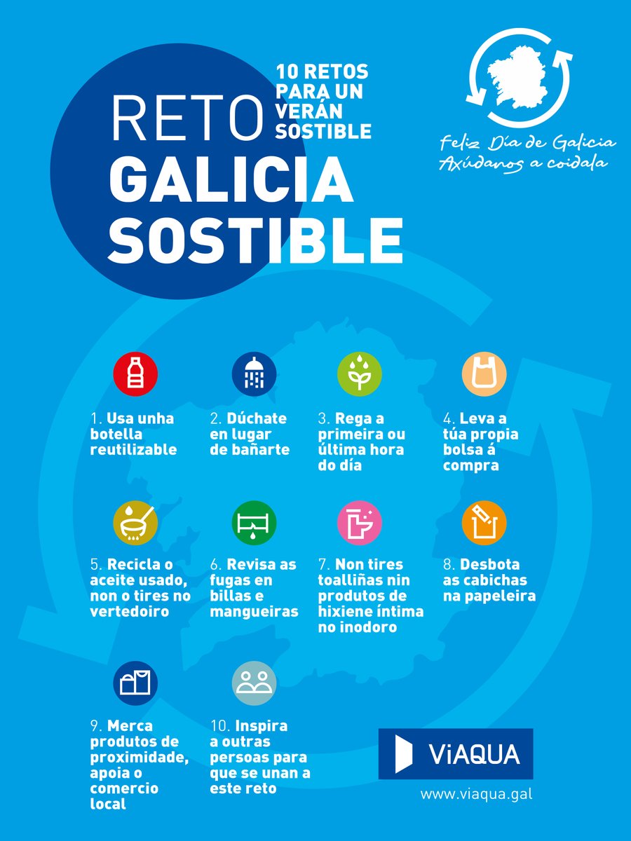 O #25dexullo celebramos o que nos une como galegos e galegas. En #Viaqua traballamos cada día do ano facendo unha #Galicia sostible e comprometida co #medioambiente e as #persoas. Axúdanos a coidala!👏   

Feliz #DíadeGalicia! 💙🤍