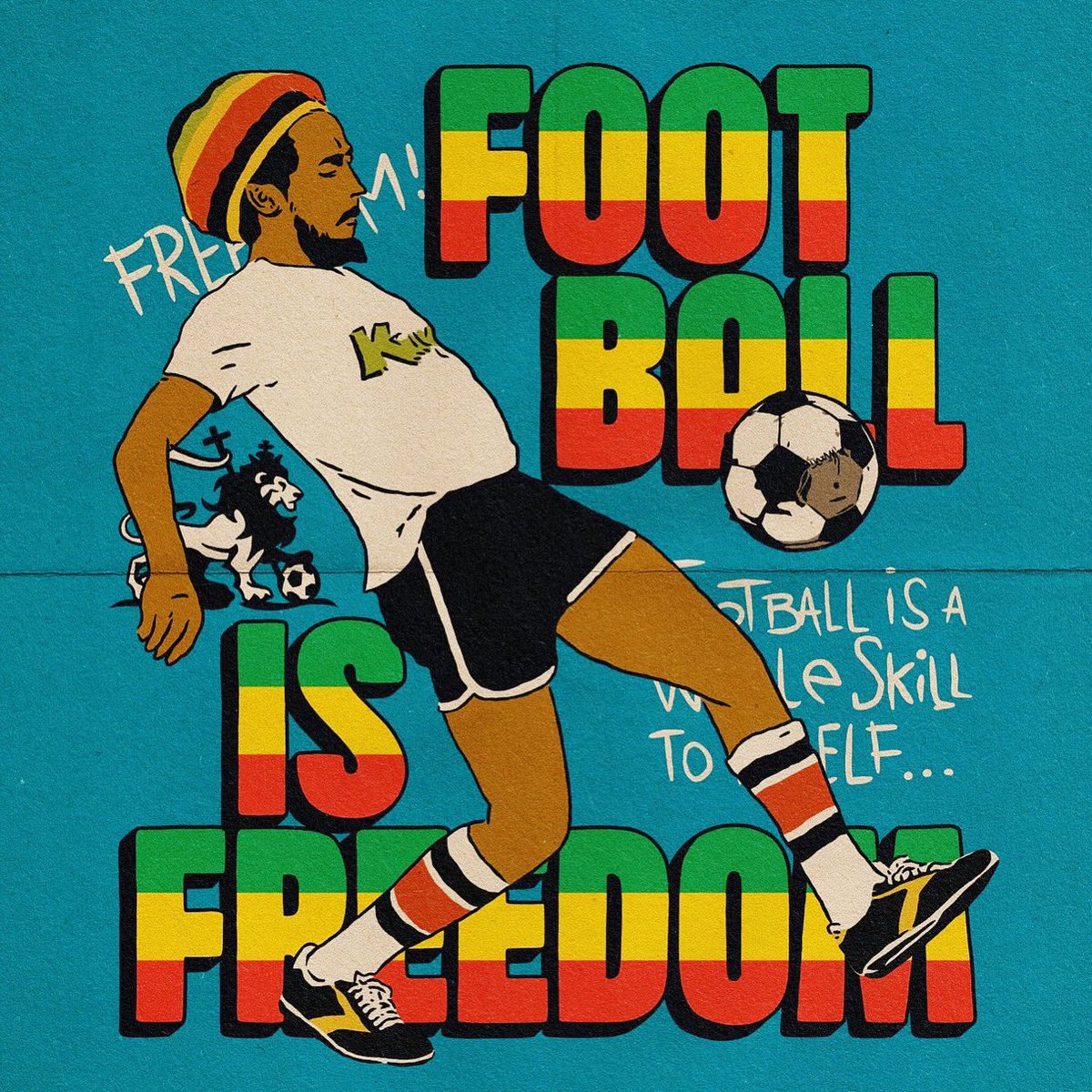 bobmarley's tweet photo. “Freedom is a whole, is a whole skill to itself. A whole world, a whole universe to itself. Me love it because you have to be skillful to play it.“ #BobMarley #FootballIsFreedom

🎨 by IG [@]lilstupizstudio 
#bobmarleyart https://t.co/AB612a2Sis