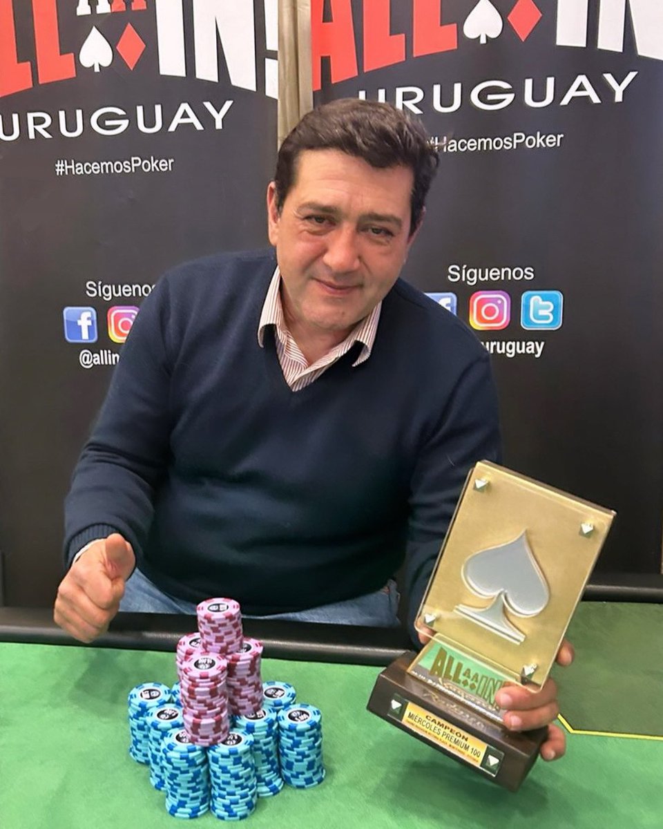 allinuruguay's tweet photo. Marcelo Acuña en otra noche a poker room colmado en @RadissonMvd se quedo con el 100 Jueves Premium, el trofeo de campeón y un premiazo en efectivo.🏆👏🏼

La fiesta no se detiene. 🔥

¡Felicitaciones Marcelo! 

+Info: https://t.co/ZesAGKKyk0 https://t.co/8YEaTGKddX