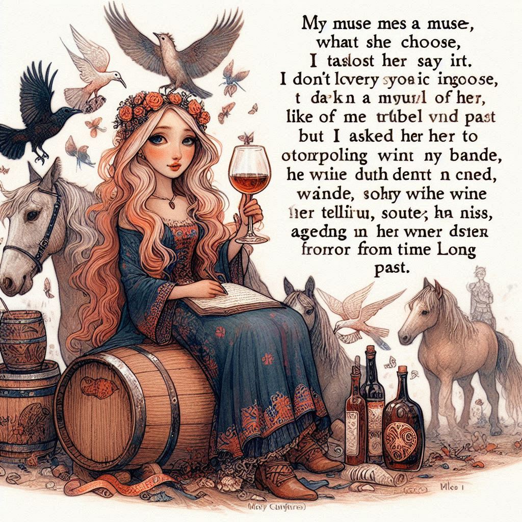 My Muse muses
what she darn well chooses
not sure, should I stay with her?
oh, I do like to play with her!

I ask her for a Storyline
#astonished, she sends me storied wine
aged in barrels from time long past
My Muse, lovely lyrical pain in the cask

#vss365 
©rpm'24