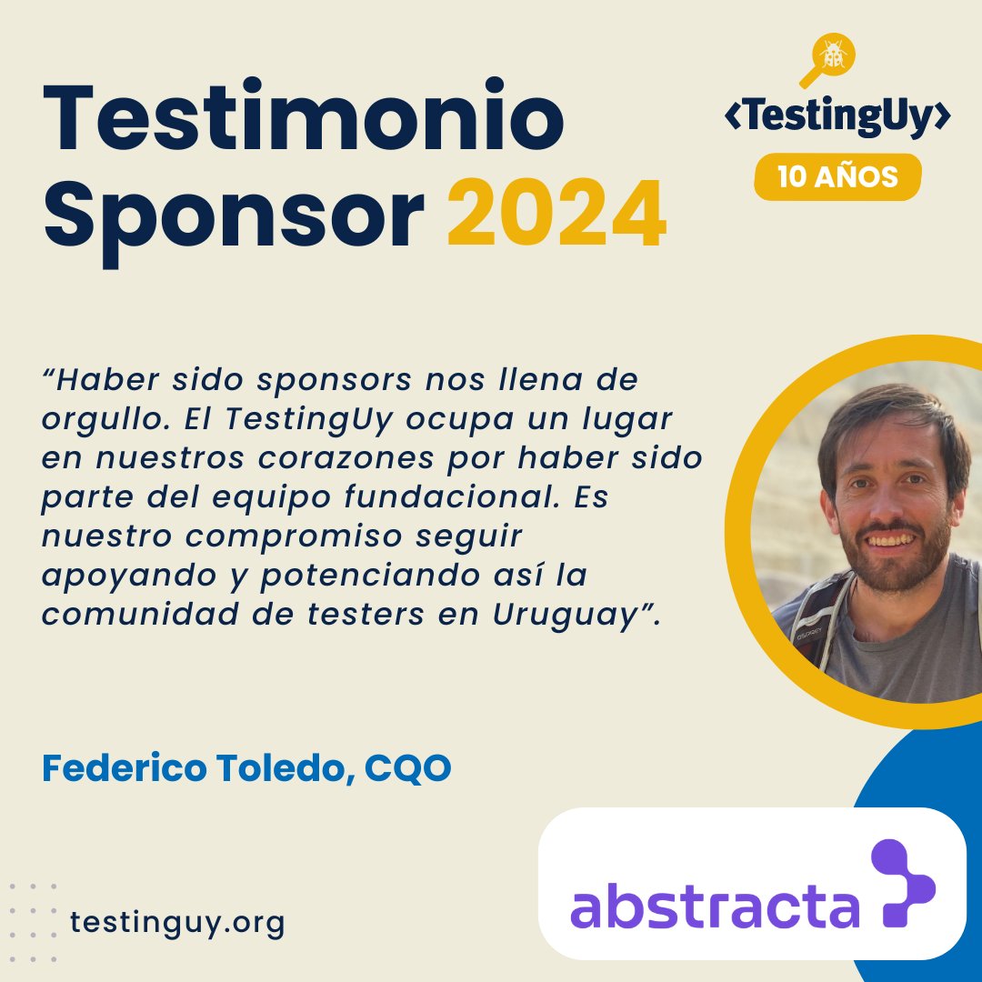 testingUY's tweet photo. ❓ Le preguntamos a nuestros sponsors qué sensaciones les trajo apoyar #TestingUy este año, y recibimos respuestas que nos llenan de emoción y alegría.

💬 La primera que compartimos es de un viejo compañero de ruta como @fltoledo en representación de @AbstractaLatam 

+ https://t.co/uJveo7Dqwm