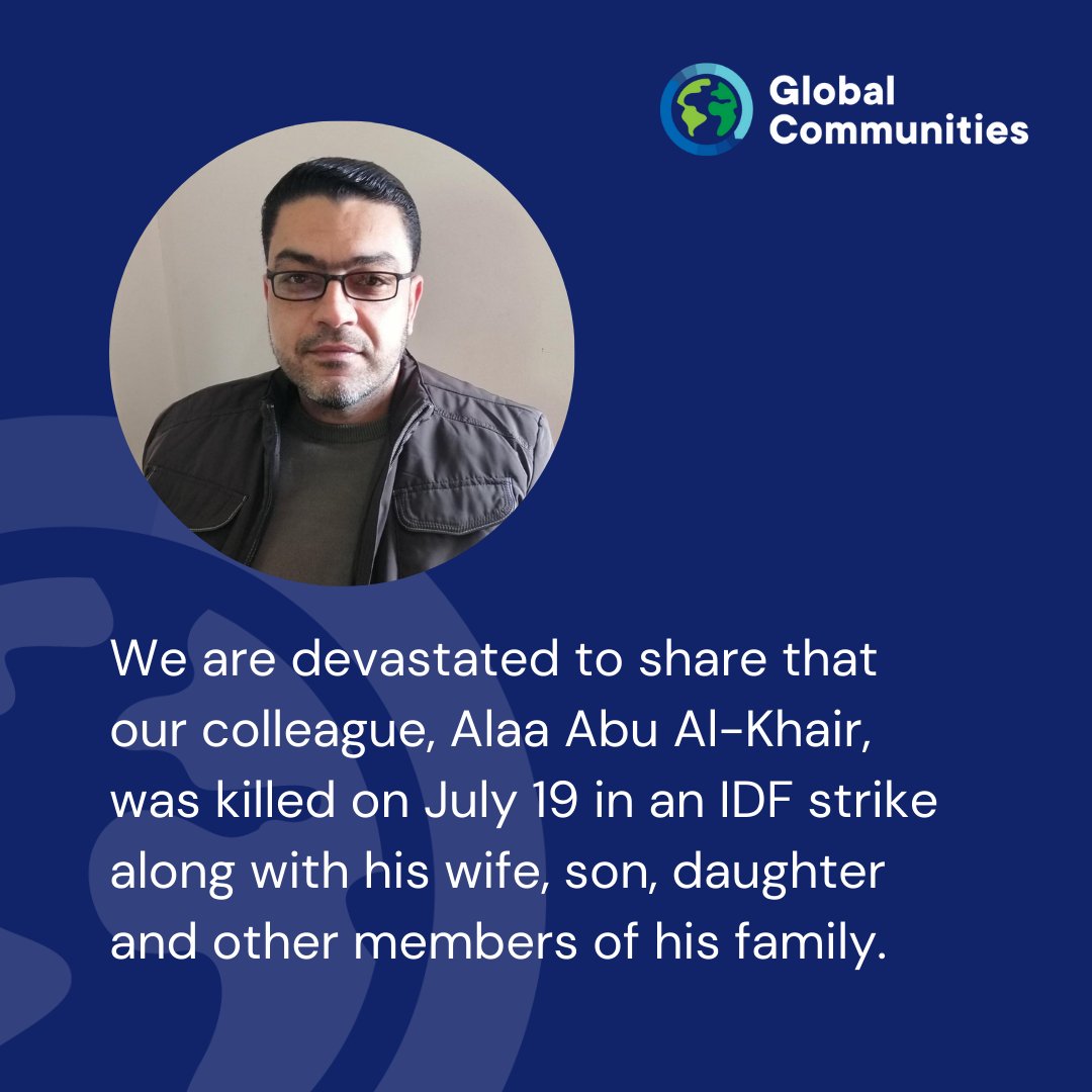 We are devastated to share that our colleague, Alaa Abu Al-Khair, his wife, son, daughter and other family members were killed on 7/19 in an IDF strike. A second son survived, however his status is unknown. For all innocent lives lost daily in this conflict, #ceasefire.