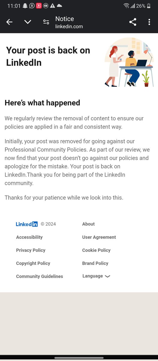 AliSherChEENA1's tweet photo. @LinkedInHelp My account was restricted due to violation of community guidelines I submitted an apeal and linkedIn safety team admitted that all of my post are good but still I can't access to my account. Can you please help me to solve that. I have attached the screenshots. https://t.co/c6yiN2KdBe