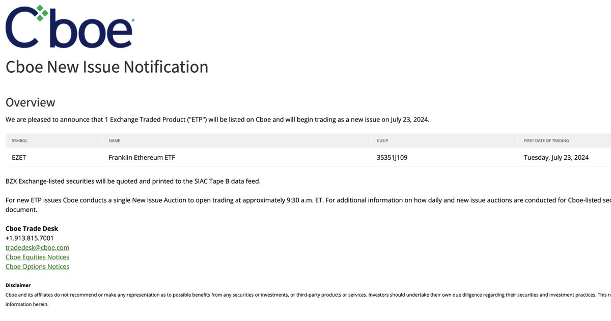 martypartymusic's tweet photo. ETH ETF: @CBOE announces trading will start July 23rd officially.
https://t.co/Cxn977Caqh
#Ethereum #ETF https://t.co/KqwjeNgCz6