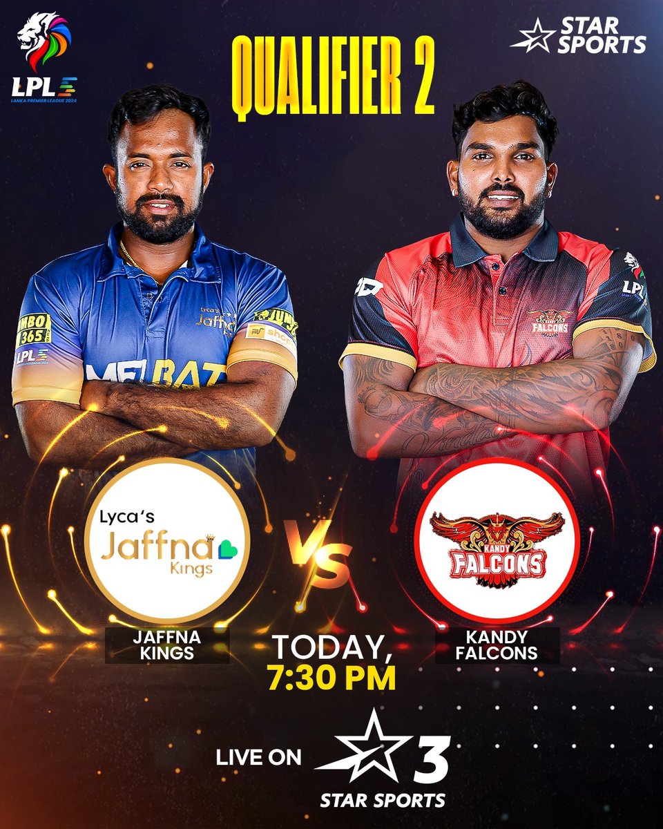 StarSportsIndia's tweet photo. The stakes are sky-high! โค๏ธ
#JaffnaKings face off against #KandyFalcons in #Qualifier2 for another shot at the finals! ๐ฅ
Who will set up the final date with #GalleMarvels? ๐
Don't miss Qualifier 2 ๐๐ป #LPLOnStar | SAT, 20th JULY, 7:30 PM | Star Sports Network https://t.co/0kp4jq0wT9