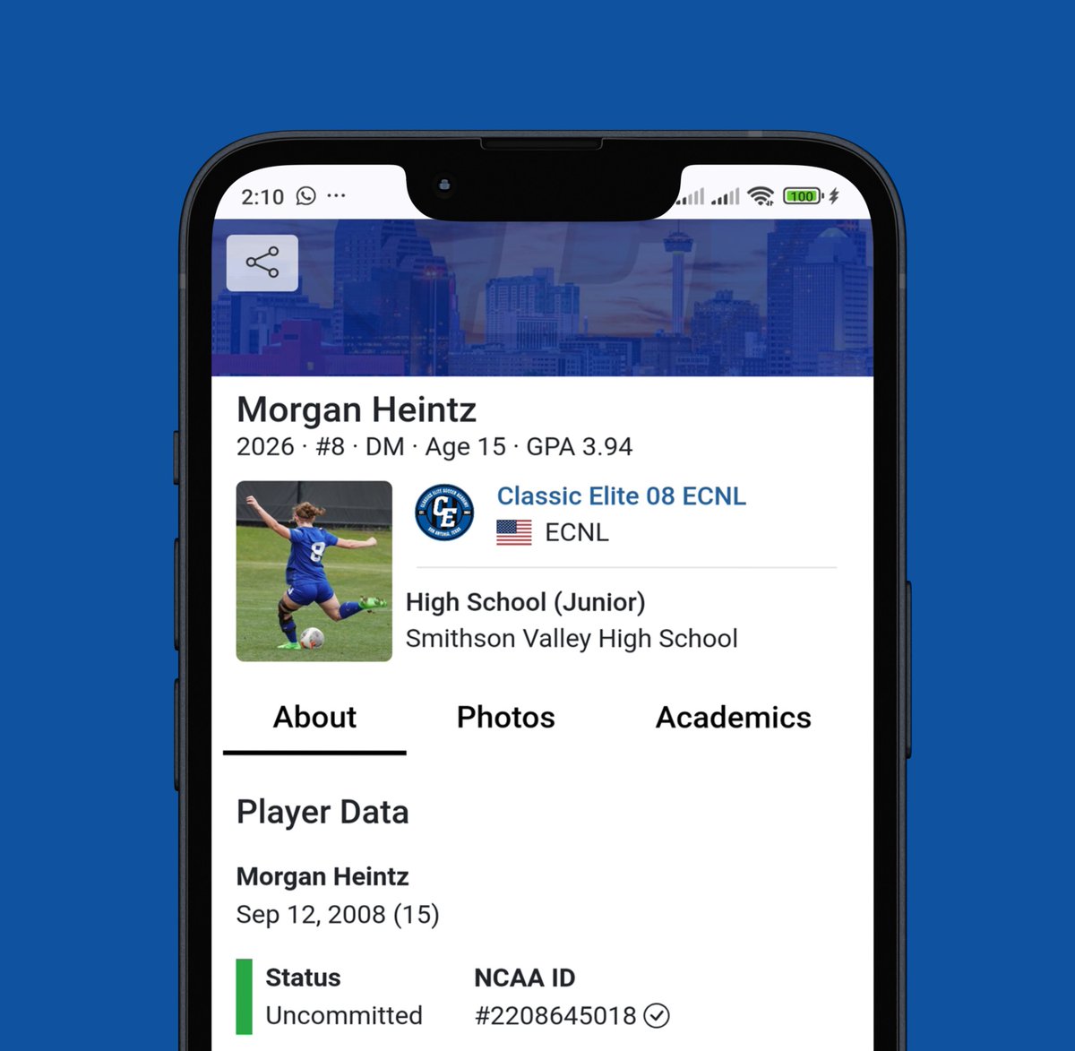 Internespo - College Soccer (@internespo) on Twitter photo 💥Player Spotlight: <a href="/HeintzMorgan/">Morgan Heintz</a>
⚽️ 2026 · Defensive Midfielder
🏟️ @classicselitesa
📍 San Antonio, TX
🔗 internespo.com/profile/morgan…
#Coaches: Check out Morgan’s player profile, she is eager to play at the next level!
#YouthSoccer #GA #ECNL #ECNLGirls #CollegeSoccer 💥Player Spotlight: <a href="/HeintzMorgan/">Morgan Heintz</a>
⚽️ 2026 · Defensive Midfielder
🏟️ @classicselitesa
📍 San Antonio, TX
🔗 internespo.com/profile/morgan…
#Coaches: Check out Morgan’s player profile, she is eager to play at the next level!
#YouthSoccer #GA #ECNL #ECNLGirls #CollegeSoccer