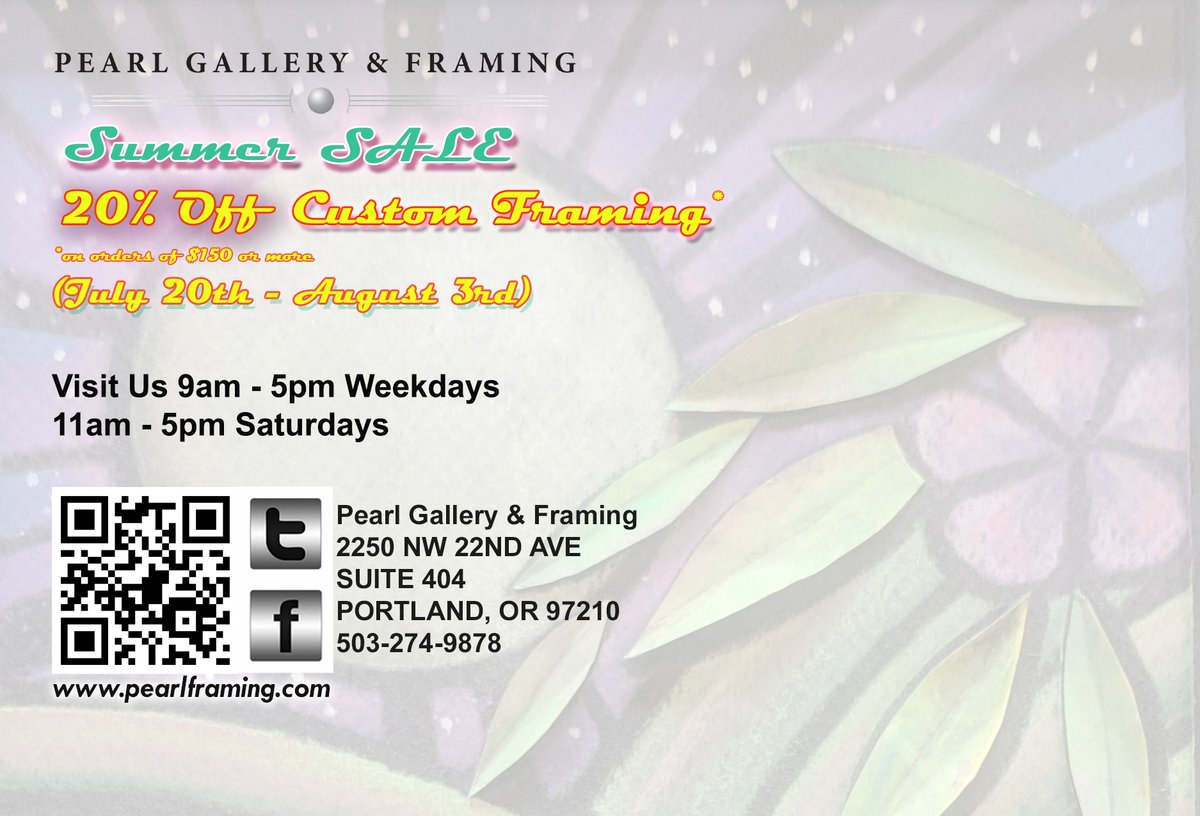 PearlGallery's tweet photo. Summer Sale 20% off Custom Framing*

From July 20th– August 3rd, 2024 enjoy 20% off of custom framing (*on orders of $150 or more)!  Let us help design and showcase your art with our wide array of mats, frames and fillets to bring the best look to your walls!  #pearlframing https://t.co/y8U0xKzStx