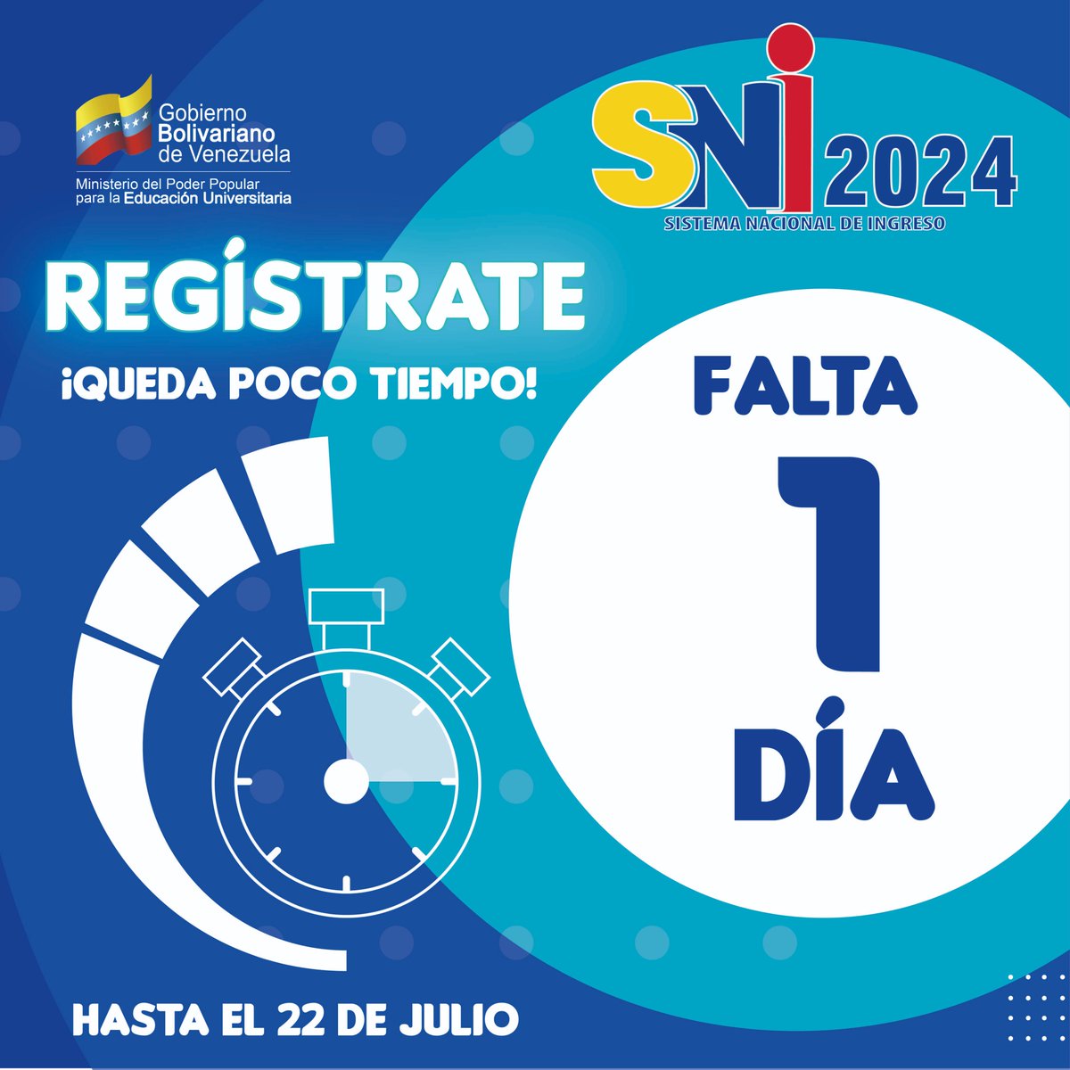 Queda 1 día para que selecciones una carrera universitaria para tu futuro.

Regístrate en el #SNI204 a través de ▶️sni.opsu.gob.ve

#GeneracionGenial