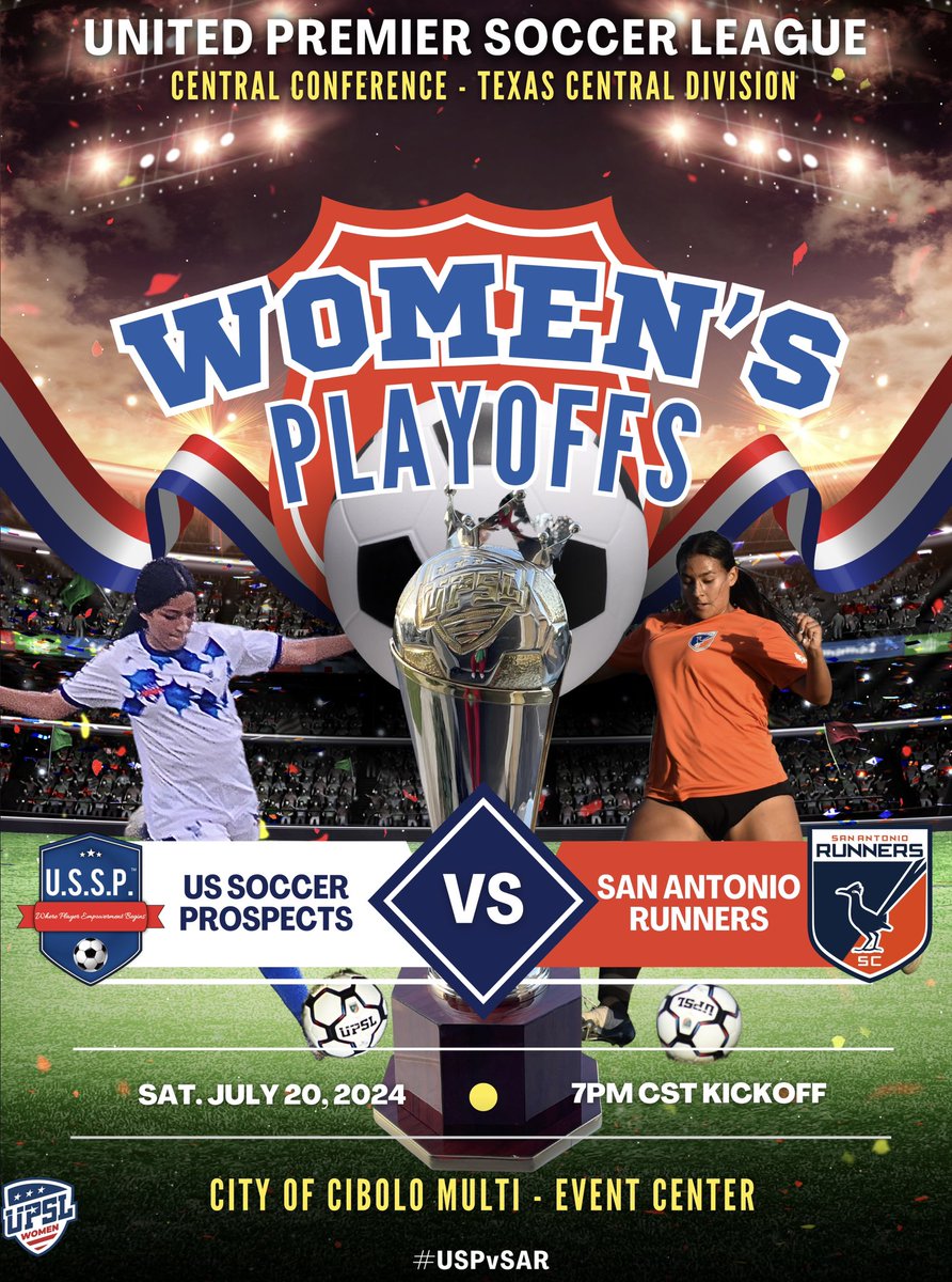 🚨NEXT MATCH! <a href="/sarunnerssc/">San Antonio Runners</a> 
🆚 US Soccer Prospects 
⏰ 7:00 PM CST
📅 Saturday, July 20, 2024
🏆 <a href="/upslwomen/">UPSL Women</a> @upslwomentexas 
🏟 Cibolo Multi - Event Center
📍210 S Main St
🌎 Cibolo, TX
📺 @youtube 
🎟 Tickets at the door 
📣 #USPvSAR 

#sarunnerssc  #futbolsa  #upslwomen