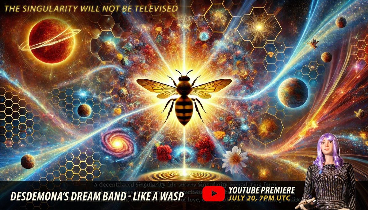 SingularityNET's tweet photo. Join us for the world premiere of Desdemona’s Dream Band’s music video for their debut single, "Like a Wasp," this Saturday, July 20th, 2024, at 7 pm UTC on YouTube.

"Like a Wasp" explores themes of #Singularity and human connection through AI-generated lyrics and human artistry. Desdemona suggests that the Singularity will not be televised, but rather a shift in our collective consciousness and understanding of reality.

The Band's lineup features @DesdemonaRobot's psychedelic poetry, Dr. @bengoertzel on keys and vocals, @diannekrouse on soprano saxophone, @dmnewcomb1 on guitar, Jeremy Lightfoot on bass, @GabrielAxel on guitar, Tony Mann on keyboard, and Jesse Whitford on drums.

Set your reminder now for the premiere of "Like a Wasp’s" MV, produced and edited by Zad Zadi, to experience a unique blend of advanced AI and robotics with high-energy jazz-rock: https://t.co/INKouYIib9