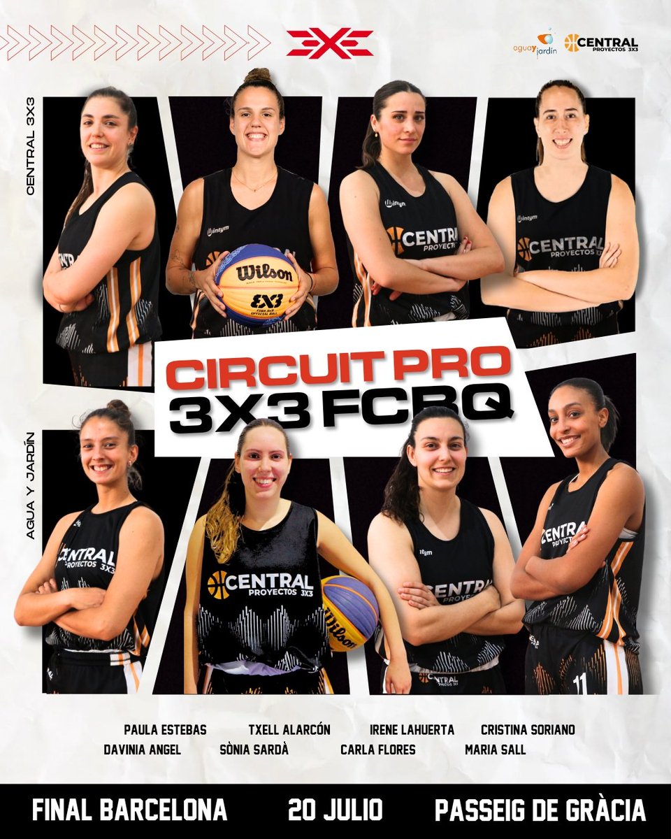 Nos vamos a Barcelona a la Final PRO 3X3 de la <a href="/FCBQ/">FCBQ</a> con 2 equipazos.

➡️Con el equipo de "Agua y Jardín" estará #MariaSall, <a href="/DaviniaAngel/">Davinia Angel villen</a>, <a href="/Carlaflores_8/">Carla Flores Garcia</a> y <a href="/soniasardaa/">Sònia Sardà</a> .

➡️Y con "Central 3x3"  #PaulaEstebas, <a href="/irenelahu8/">lahu!</a> , <a href="/txellalarcon12/">Txell Alarcón</a> y  <a href="/Criiistina_98/">Cristina Soriano</a>

Suerte chicas 💪💪