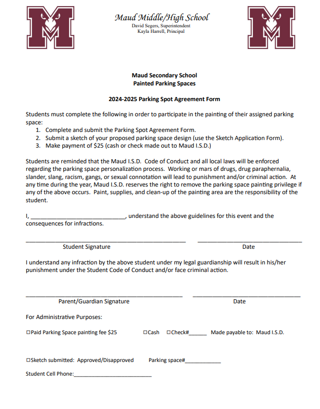 MaudTXISD's tweet photo. It's that time where students can purchase their parking spots for the 2024-25 school year. Attached is the paperwork. The spots are $25. Seniors may purchase their spots on Monday, July 22nd, followed by the juniors and sophomores. Please see Ms. Brandy! #MaudTXISD https://t.co/vAqGEDTo8g