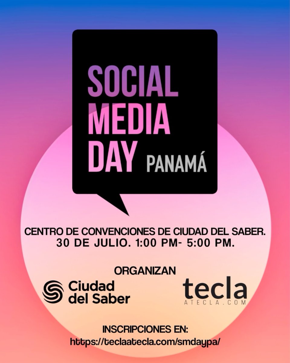 SMDayPA's tweet photo. ¡Ya toca! Nos vemos el 30 de julio en el Centro de Convenciones de @CiudaddelSaber  para conversar sobre redes sociales, internet y como avanzan las plataformas digitales. 

✌️El evento es gratuito pero requiere inscripción en https://t.co/TNMf3x5LCb.

👍 ¡Compartan!

#smdaypa https://t.co/9tmhLmoTGm