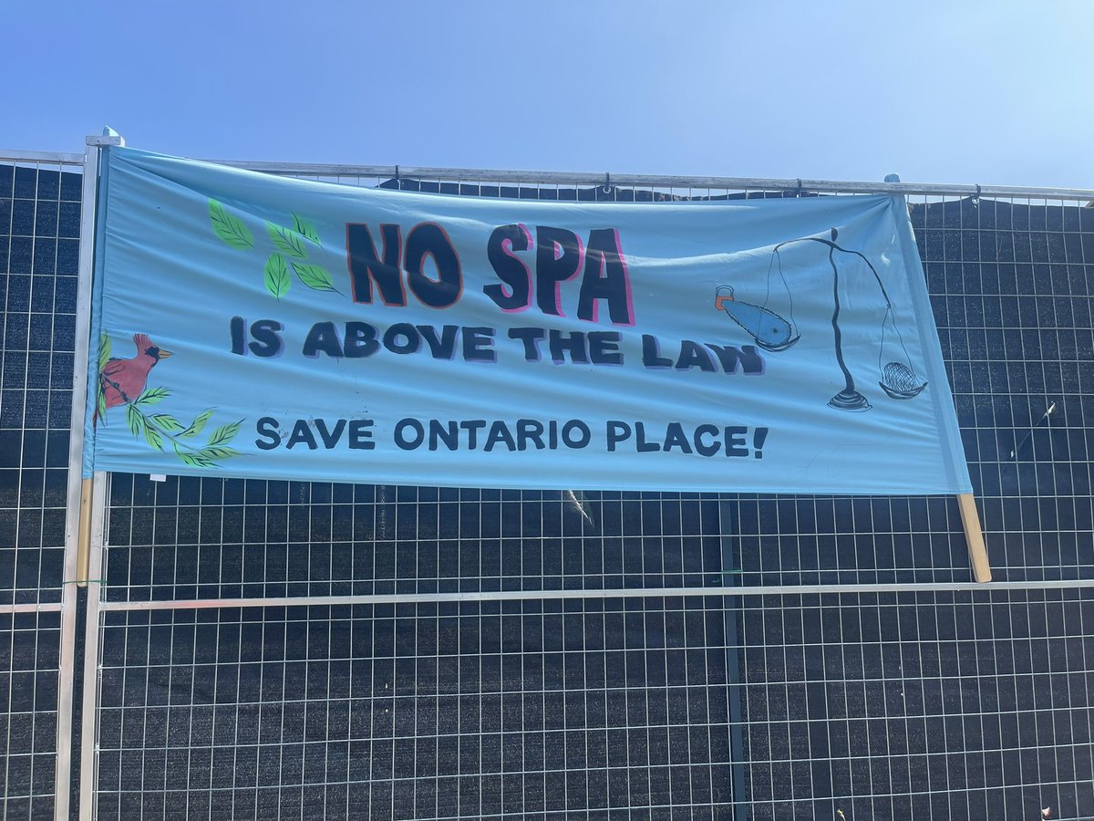 ONPlace4All's tweet photo. We’re out here at the Art Rally at Ontario Place, letting the government know how we feel about the taxpayer funded MegaSpa! OPP hearing is done for the day, a decision is pending. Donate to support their action: https://t.co/OcFdj9jdNx #topoli #onpoli https://t.co/NFnZ3Qeix7