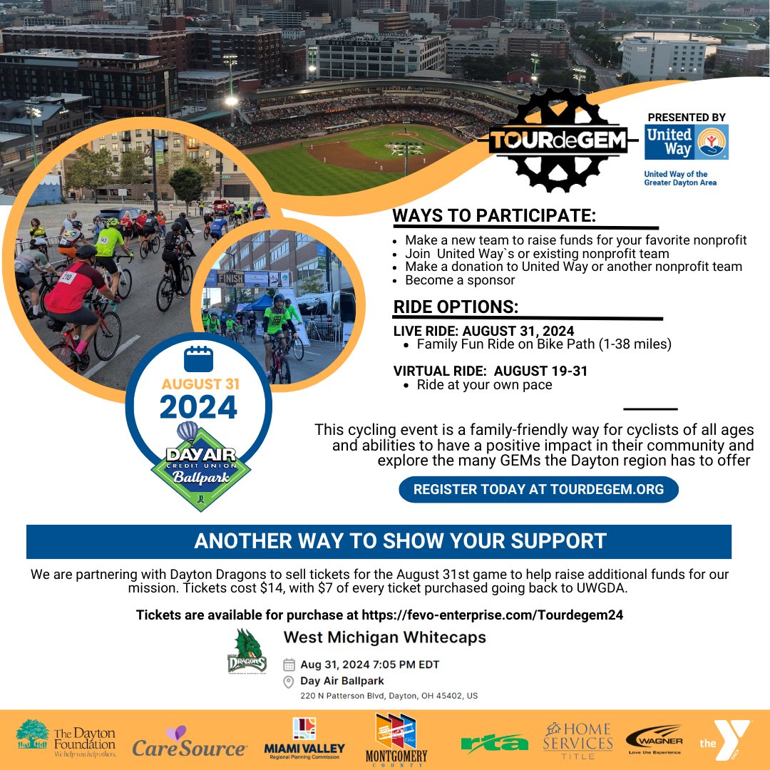 Gear up for the Tour de Gem Cycling Classic! 🚴‍♂️ Whether you're joining the family fun ride, hopping on the virtual ride starting, or catching the excitement at the Dayton Dragons game, there are plenty of ways to show your support!

Register:ms-stride.org/tourdegem