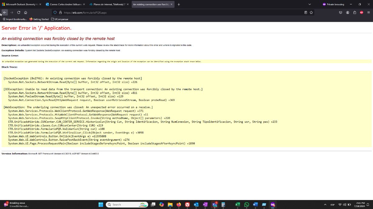 valbu_carlos's tweet photo. @ETBsoluciones @ETB no he podido hacer la respuesta a mi PQR, cada vez que intento enviar la respuesta sale el error de la imagen. Espero que esto no sea algo planeado para pasar los 10 días habiles permitidos para dar respuesta. @Ministerio_TIC @JusticiaDivPQR https://t.co/x7hlNupXOs