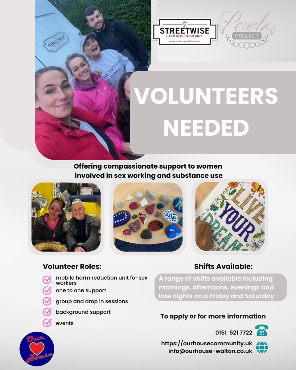 We're looking for volunteers to join us! Across all areas of Pearls &amp; Streetwise:Harm Reduction Mobile Outreach, groups&amp;drop ins , Supporting Women, admin, Fundraising &amp; other roles ! Get in touch or check out our website !! We'd love to hear from you !😊 ☎️🗨️📧❤️ #joinus #team