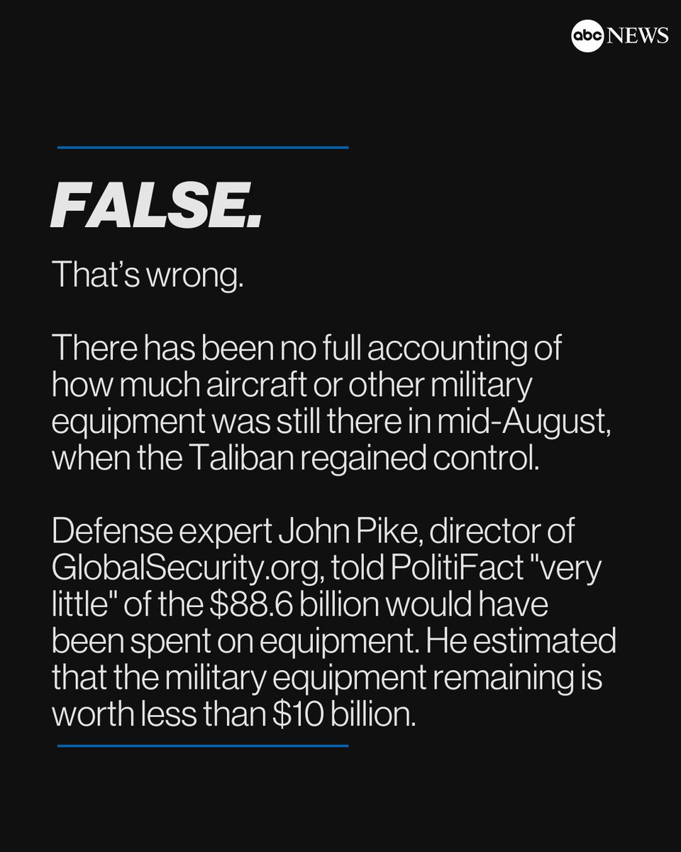 ABC's tweet photo. FACT CHECK: After the U.S. extraction from Afghanistan when the Taliban regained control in mid-August 2021, former Pres. Trump said that the U.S. "left behind $85 billion worth of military equipment.”

Here's a fact-check on that data: https://t.co/5ziQKKJZ0R https://t.co/TDFRRraokO