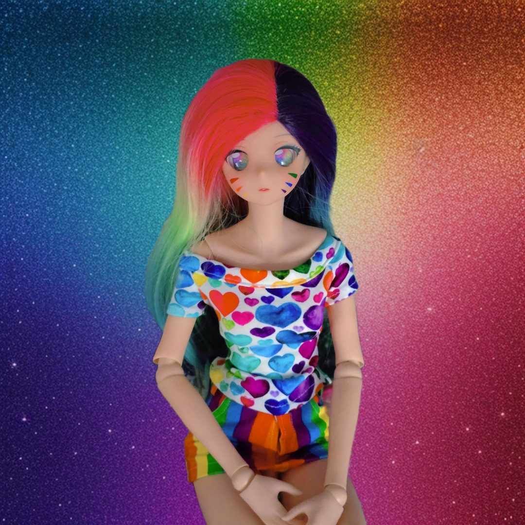 SDMagicalDesign's tweet photo. TGIF! Happy Friday, everyone! Here's a fun update to that rainbow shoes project I completed recently! Meet Chisuzu! Doll number 47 and the RAINBOW of my Rainbow Chis. I am having so much fun with her rainbow everything! https://t.co/VUTBRiQ3bC