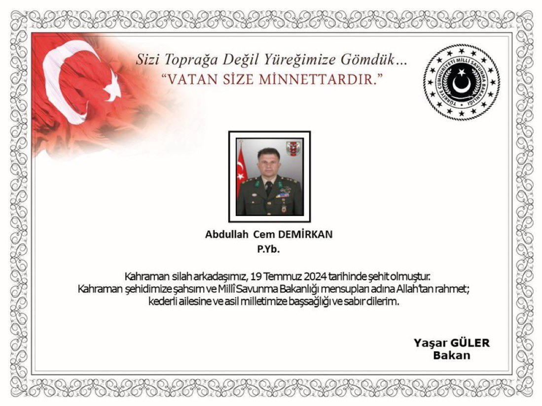 AnaTarih's tweet photo. P. Yb. Abdullah Cem Demirkan, 19 Temmuz 2024 tarihinde şehit olmuştur. Kahraman şehidimize Allah'tan rahmet; kederli ailesine ve asil milletimize başsağlığı ve sabır diliyoruz.

Mekanın cennet olsun kahraman şehidimiz.🇹🇷

Ana Tarih Dijital Yayıncılık Topluluğu https://t.co/nKtNPaSBpn