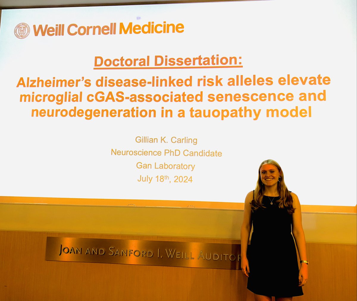LiGanLab's tweet photo. Congratulations, Dr. Gillian Carling! Yesterday Dr. Carling successfully defended her thesis on the combined role of TREM2 and APOE4 in cGAS-associated senescence and neurodegeneration in AD. Your hard work these past 5 years has paid off, Dr. Carling!🥳 @CarlingGillian @WCM_BMRI https://t.co/4J9jDNorAb