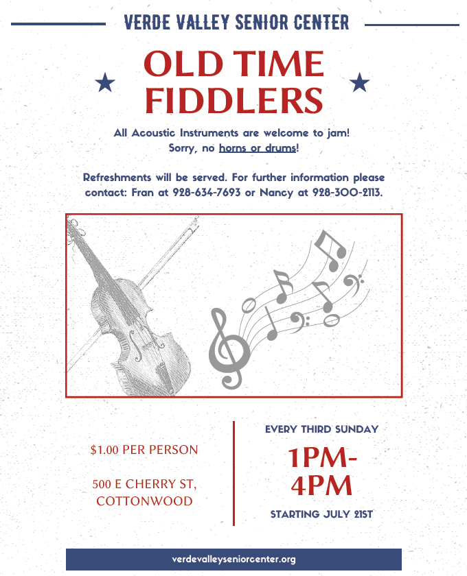 VVSeniorCenter's tweet photo. Join us on Sunday, July 21st, 2024 at 1pm for Old Time Fiddlers! We're looking forward to seeing you! #cottonwoodaz #clarkdaleaz #campverdeaz #jeromeaz #supportseniors https://t.co/Hy1tex9X0l
