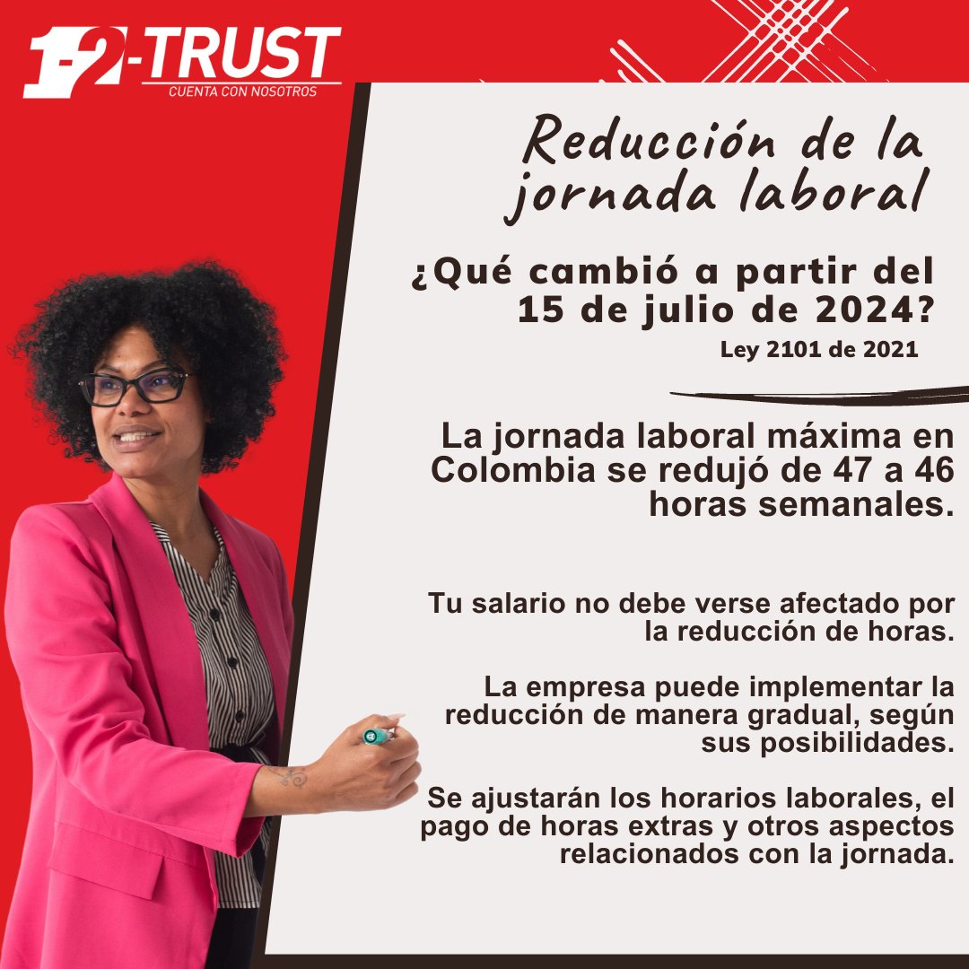 12Trust_CO's tweet photo. ¡Atención trabajadores en Colombia!

Reducción de la jornada laboral: ¿Qué cambia a partir del 15 de julio de 2024?

#joradalaboral #Colombia #ley2101 #derecholaboral #bienestarlaboral #productividad https://t.co/yRL1OFxzCj