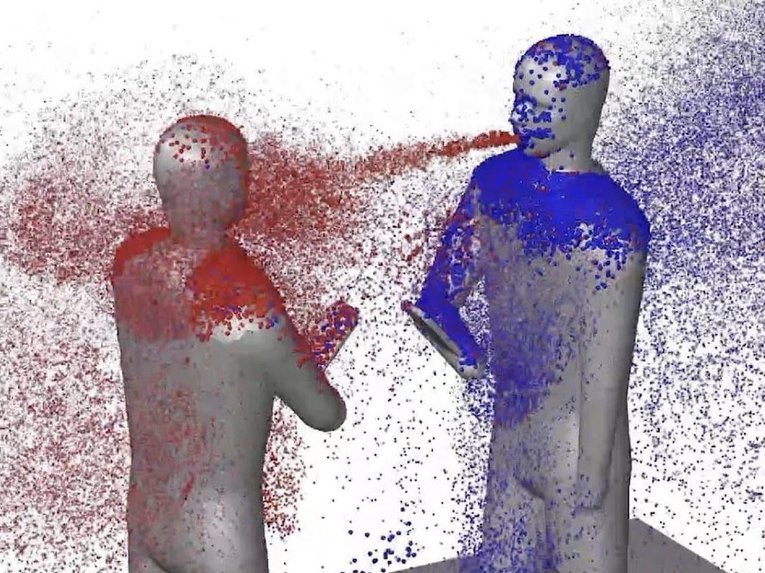 computer image model of two human figures talking, showing the unseen airborne virus particles in a a red cloud and a blue cloud, the aerosols are mixing the red and blue demonstrating what happens when two people talk face to face and how airborne virus like sars2 covid-19 is spread