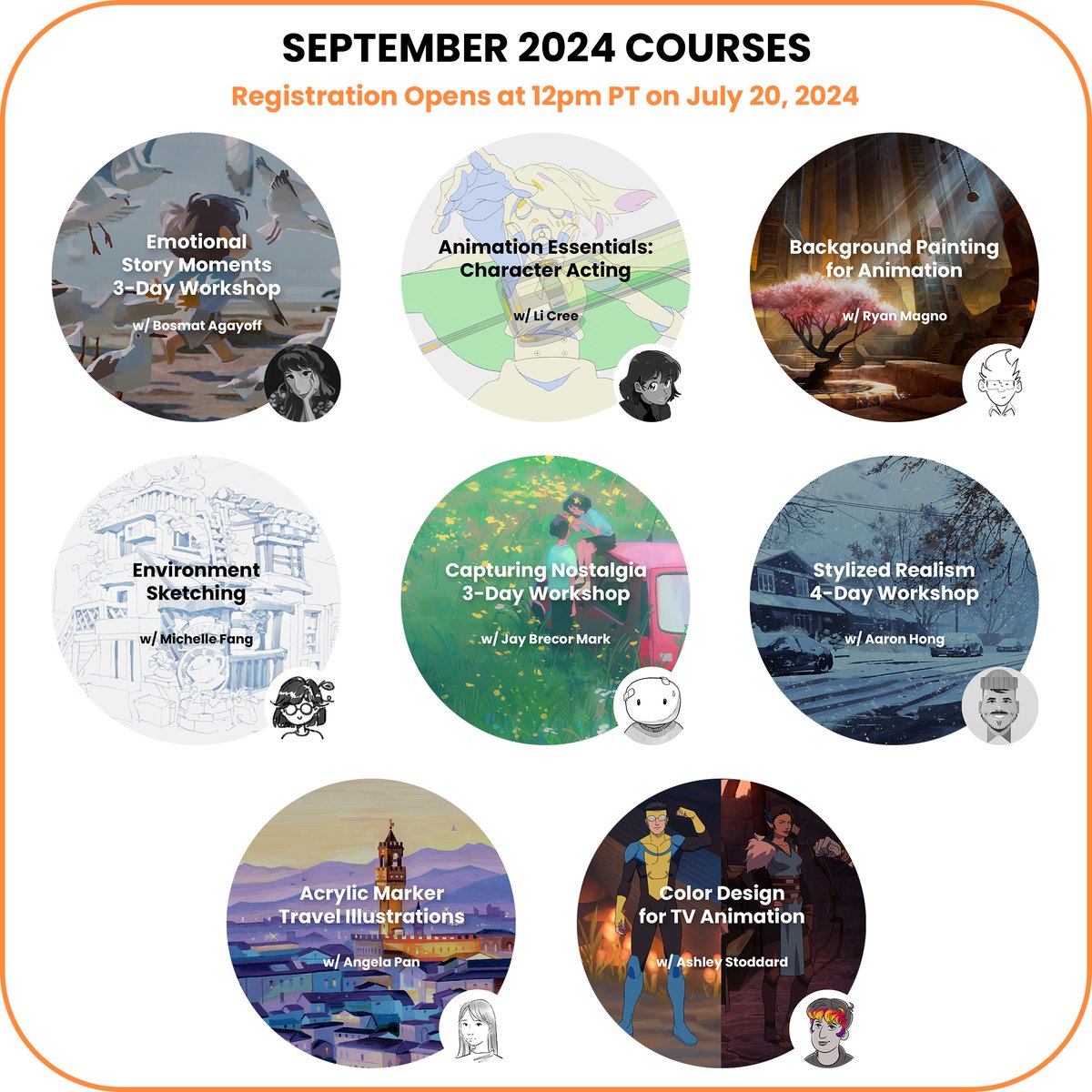 warriorartcamp's tweet photo. Announcing 🌟September 2024 Course Lineup 🌟 [Registration opens on July 20, 2024 at 12pm Pacific Time!] Note that we skip Lightbox Expo weekend (10/25 - 27) for all courses! 🎉

So thrilled to learn with everyone! Check our website for more info! ✨ https://t.co/DTNPK5cNza