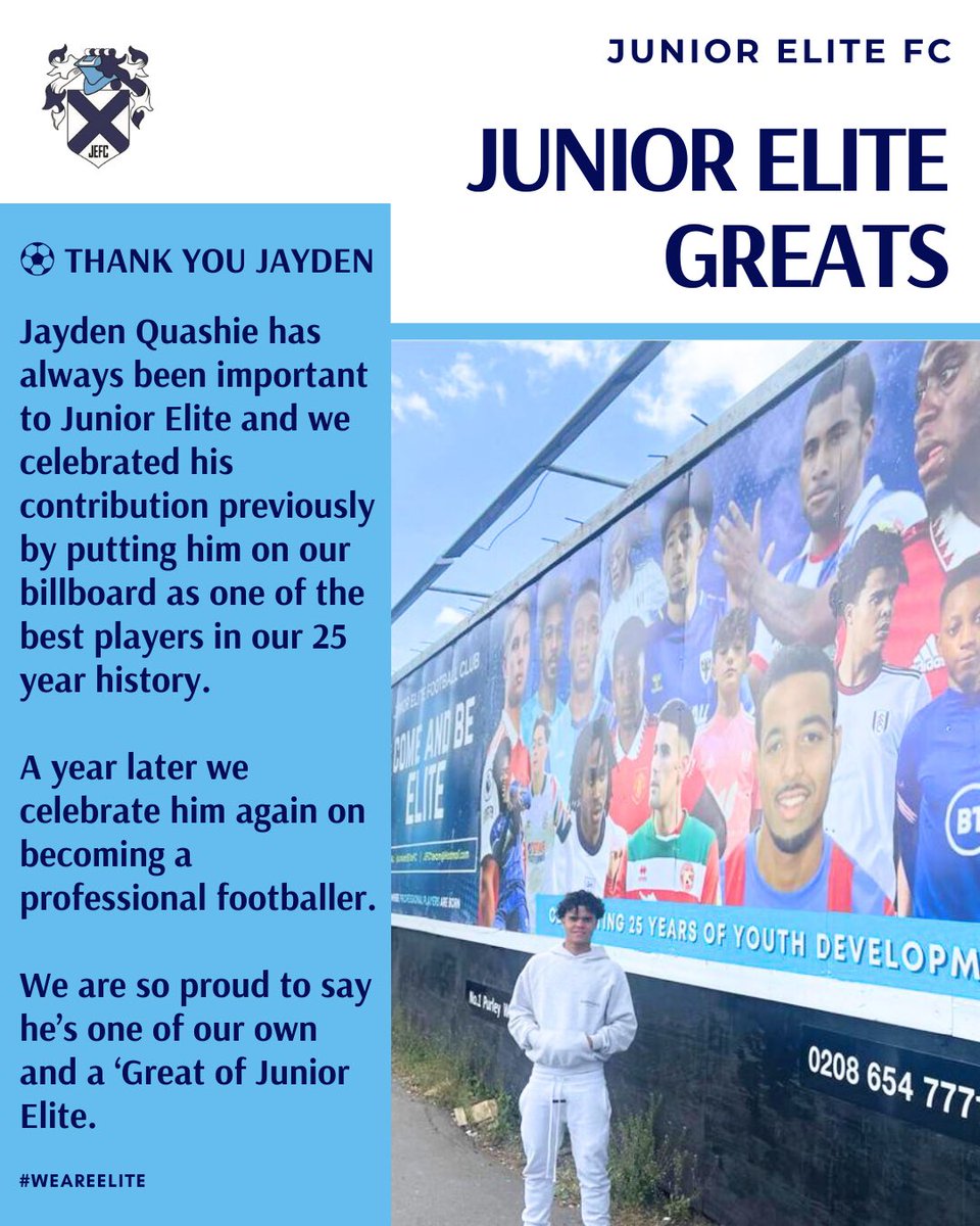 Junior Elite FC (@juniorelitefc) on Twitter photo ⚽️ | WITNESS the incredible journey of Jayden Quashie from our grassroots fields to his first professional contract!
Let his story inspire you to chase your own dreams. (Full story on Insta)
#WeAreElite #DevelopmentGurus #jaydenquashie @fulhamfc <a href="/TandridgeYFL/">Tandridge Youth Football League</a> <a href="/KentYouthLeague/">KentYouthLeague</a> ⚽️ | WITNESS the incredible journey of Jayden Quashie from our grassroots fields to his first professional contract!
Let his story inspire you to chase your own dreams. (Full story on Insta)
#WeAreElite #DevelopmentGurus #jaydenquashie @fulhamfc <a href="/TandridgeYFL/">Tandridge Youth Football League</a> <a href="/KentYouthLeague/">KentYouthLeague</a>