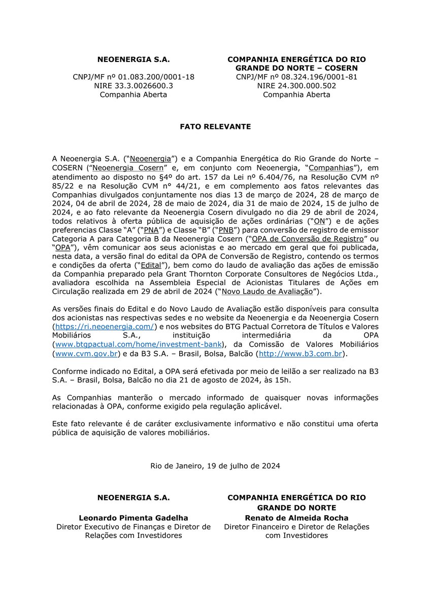 CalixtoCapital's tweet photo. #CSRN3 | COSERN | Fato Relevante https://t.co/BkMk8Q5fbI