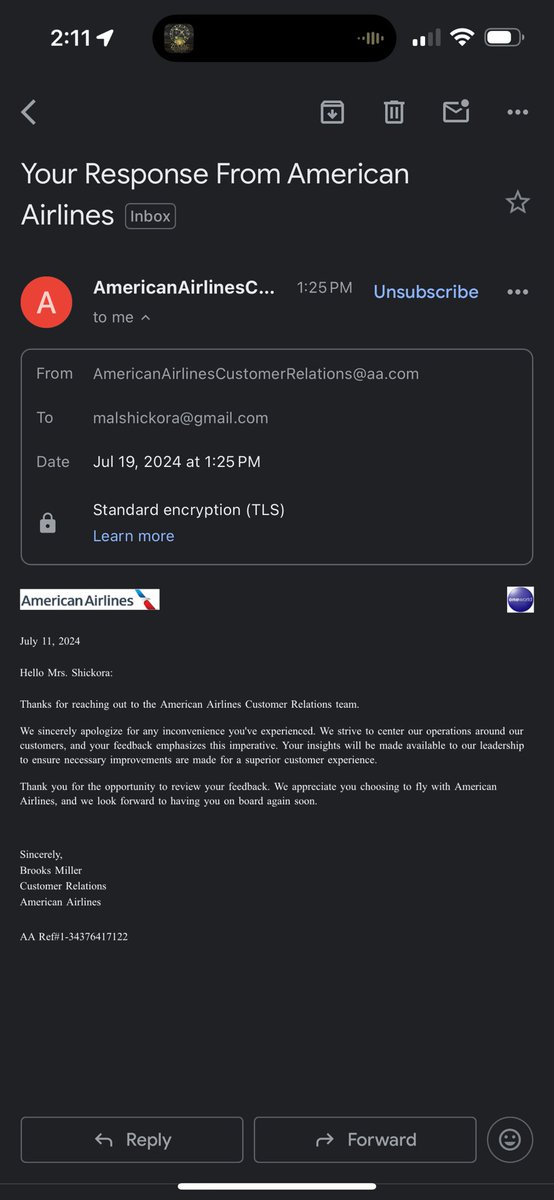 ShickoraMallory's tweet photo. @AmericanAir Is this what’s defined as a response? https://t.co/Bvpbbwi4x2