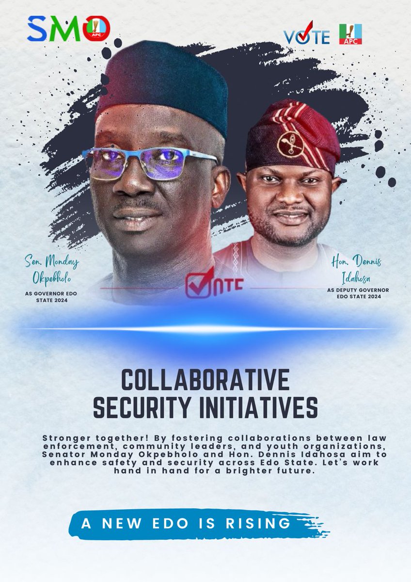 fattylincorn_01's tweet photo. Collaborative Security Initiatives.
Stronger together. By fostering collaborations between law enforcement, community leaders, and youth organizations, Senator Monday Okpebholo and Hon. Dennis Idahosa aim to enhance
Edo2024
APCNewMedia
#MondayForGovernor
#EdoYouth https://t.co/OJQ2q4p6Um
