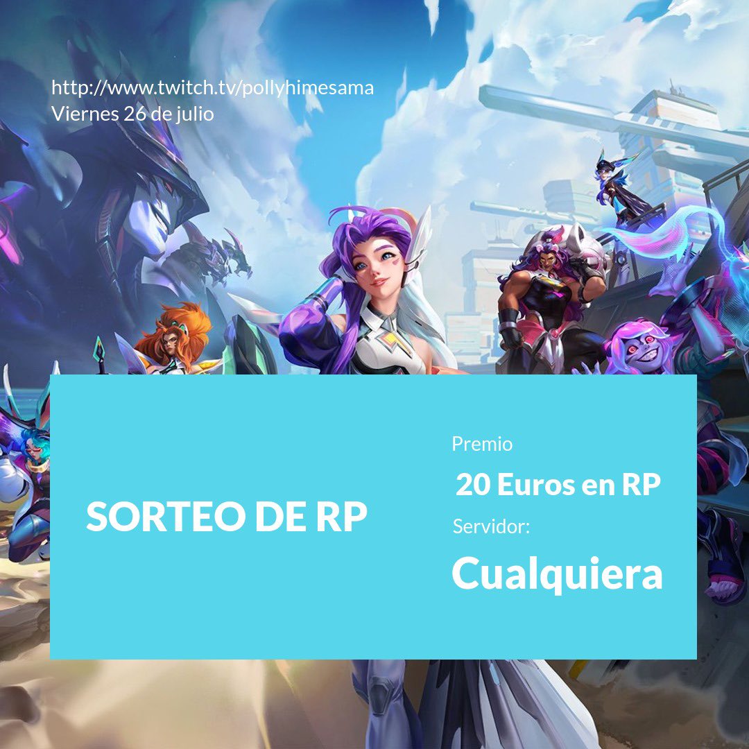 princesapolly22's tweet photo. 💰SORTEO DE JULIO💰 

Fecha: 26 de julio  
Premio: Tarjeta de regalo de 20€ de RIOT Games (cualquier servidor)

Requisitos:       
- Sigueme en @princesapolly22
- Dar Retwitt a esta publicacion  
- Etiquetar a dos amigos  

#SORTEO #twitch #Giveaway #leagueoflegends https://t.co/0ARuaD7Wdg