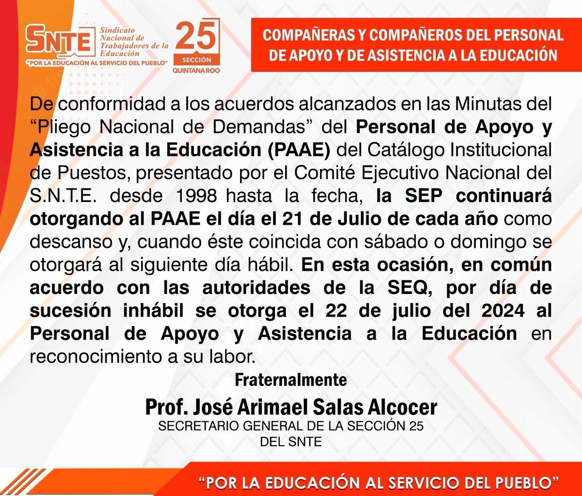 arimaelsalas's tweet photo. ¡Nuestro reconocimiento al PAAE! por su gran labor en apoyo a la educación, este 22 de julio se les otorga como día de asueto. 
#21deJulio #DíaDelPAAE https://t.co/JX5iKZiO3h