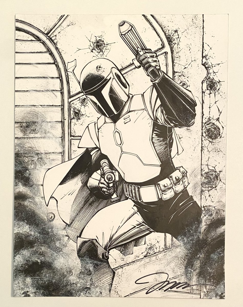 inkmonkeyhope's tweet image. #BobaFett done. 
Okay…. NOW, you can guess. #JimLee 
Yes, @JimLee pencils and #SandraHope finishes. Thanks for the fun opportunity, James.
.
#traditional #comic #art #noAI #inkmonkey #Hope #inker #StarWars #originalart #commission #inkart #inks #BOOM #HappyFriday