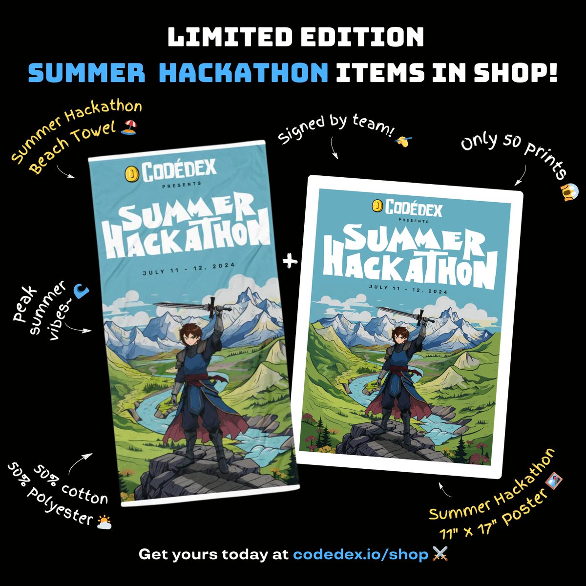 codedex_io's tweet image. woohoo!! 🥳 two new limited edition #CodedexHackathon items in the shop ⚔️☀️

get yours today: codedex.io/shop