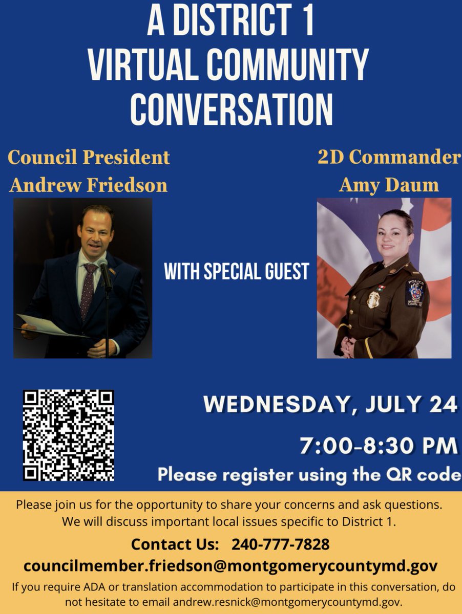 Andrew_Friedson's tweet photo. Please join me and @2dCommander Amy Daum this Wednesday, (7/24), from 7-8:30 pm for a virtual community conversation, where we will give the latest updates on District 1.

Please register for the event through the link below:

https://t.co/vtilbmW3gn

Hope to see you there! https://t.co/MoNVES8uzu