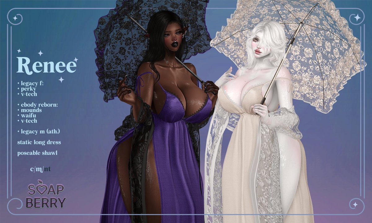 .SB. Renee Set @ Midnight Order July 2024!

A long, velvet, lace trimmed gown suited for a gorgeous mystical creature of the night – paired with a long, draping, lace shawl with built in arm poses (Matches the .SB. Renee Parasol!)

Sizes Supported:
Legacy F
Legacy F – Perky