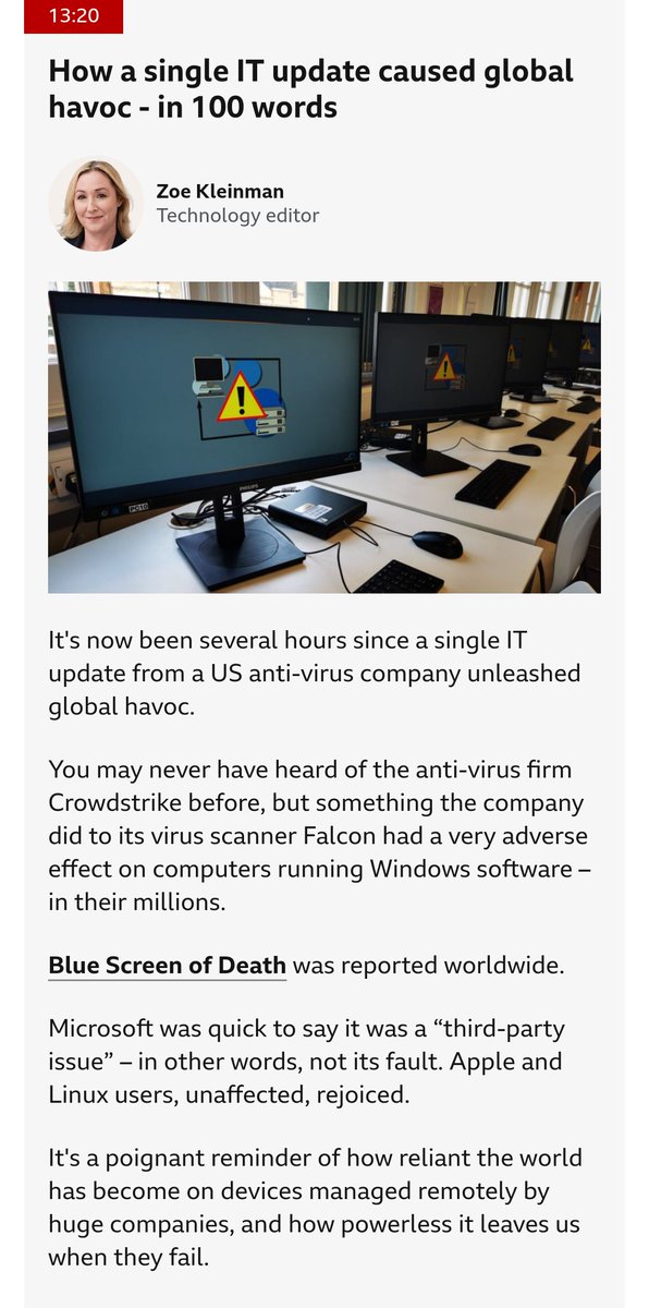 scottparsloe's tweet image. From BBC News: “Apple and Linux users, unaffected, rejoiced.” 😜