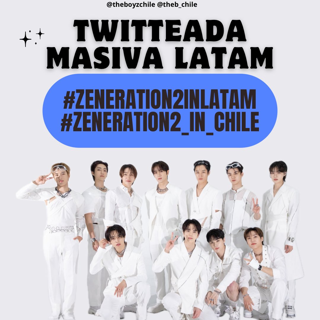 ¡Hola THE Bs! Junto a <a href="/THEB_CHILE/">THE B CHILE 🇨🇱💙</a> realizaremos una twitteada masiva para llamar la atención de las productoras chilenas (se dice que están echándole ojitos a The Boyz), es por esto que a las 9PM nos uniremos con los hashtag! 🔥

#ZENERATION2INLATAM #/ZENERATION2_in_Chile