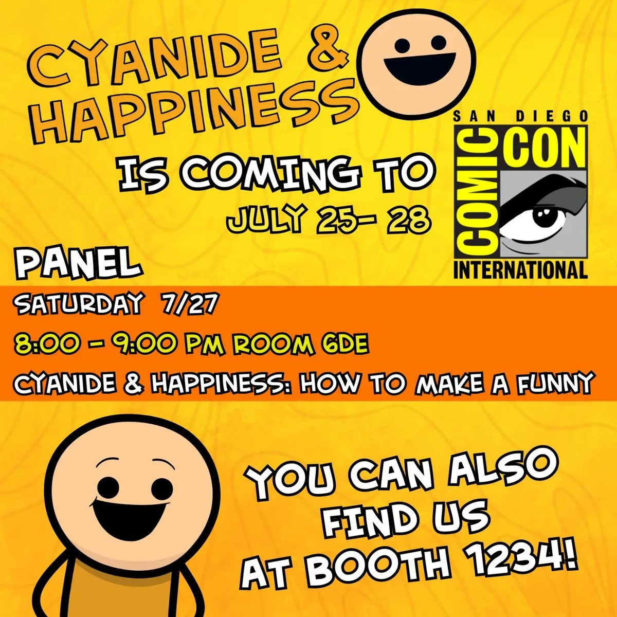 Explosm's tweet photo. We'll be at San Diego @Comic_Con NEXT WEEK July 25-28 (plus preview night on the 24th)! Meet @AdamNusrallah (Producer), @TheMurphness (Director), &amp; @MikeSalcedo_ (Director &amp; Creator of Alphabet Lore) from the animated series! Booth 1234 - yes, that's the actual number.. https://t.co/UCDnbZoGH8
