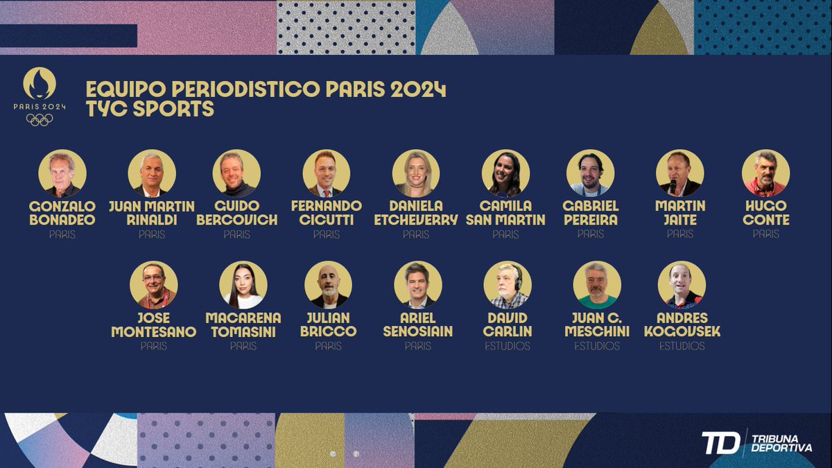 LAS VOCES DE PARIS 2024 en <a href="/TyCSports/">TyC Sports</a> 

🎙️ Gonzalo Bonadeo <a href="/jotamrinaldi/">juan martin rinaldi</a> <a href="/GuidoBercovich/">Guido Bercovich</a> <a href="/fercicutti/">Fernando Cicutti</a> <a href="/danietcheverry/">Daniela Etcheverry</a> <a href="/Cami_sanmartin/">Camila San Martin</a> <a href="/gabopereira20/">Gabriel Pereira</a> <a href="/MJaite64/">Martin Jaite</a> <a href="/hugoconte7/">Hugo Conte</a> <a href="/JoseMontesano/">JoseMontesano</a> <a href="/makitomasini/">Maki Tomasini</a> Julián Bricco <a href="/arielsenosiain/">Ariel Senosiain</a> <a href="/carlindavid/">David Carlín</a> <a href="/juancmeschini/">Juan Carlos Meschini</a> y  <a href="/andreskogovsek/">Andrés Kogovsek</a>.