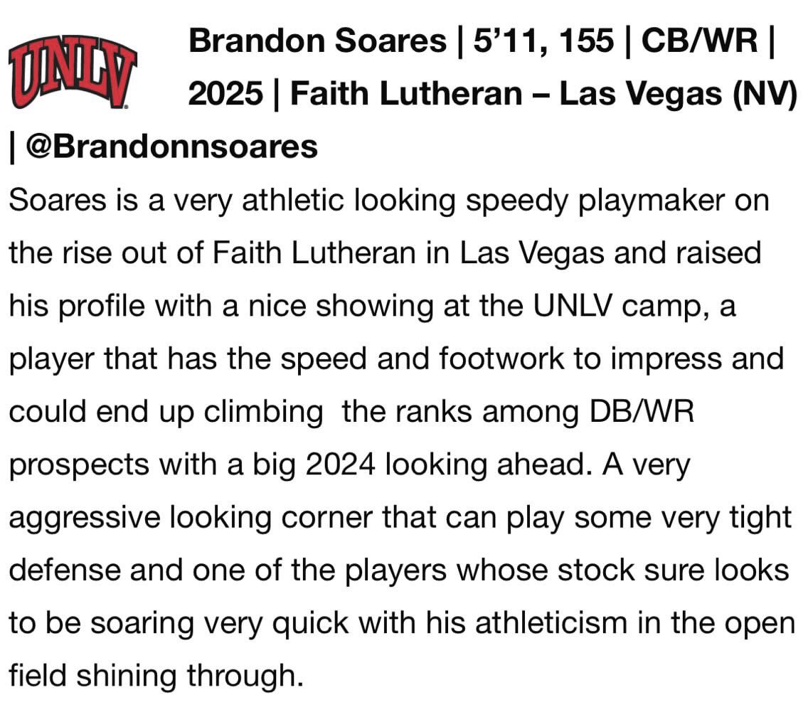 Brandonnsoares's tweet photo. Thank you @sixstarfootball for recognizing me as a top athlete at the UNLV camp and for the write up. Can’t wait to keep competing and proving myself this season! 
@FL_Ftball @unlvfootball @BGR8_ISI @Da_DREAM47 @NFsoCrucial @BrandonHuffman @GregBiggins https://t.co/lVKCHk38Cl